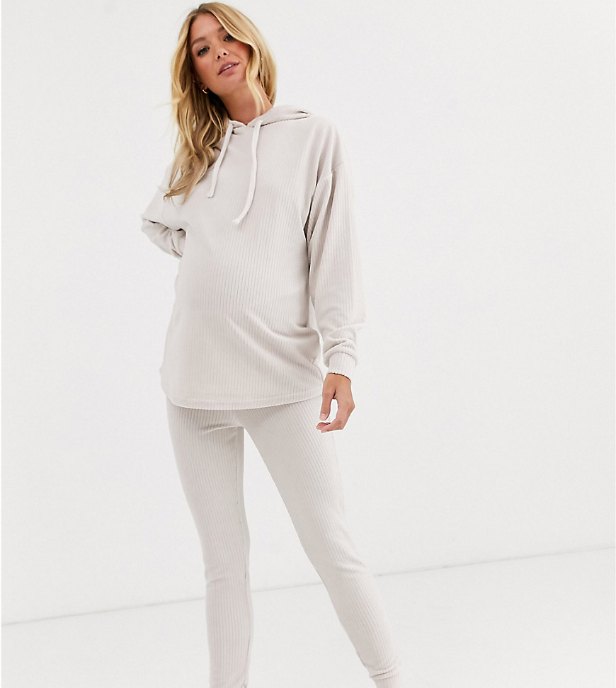 ASOS DESIGN Maternity - Loungeset met geribbelde velours hoodie met verlaagde schouders en legging-Beige