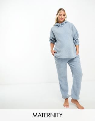 ASOS DESIGN Maternity - Loungeset van knus borg met hoodie en joggingbroek in blauw