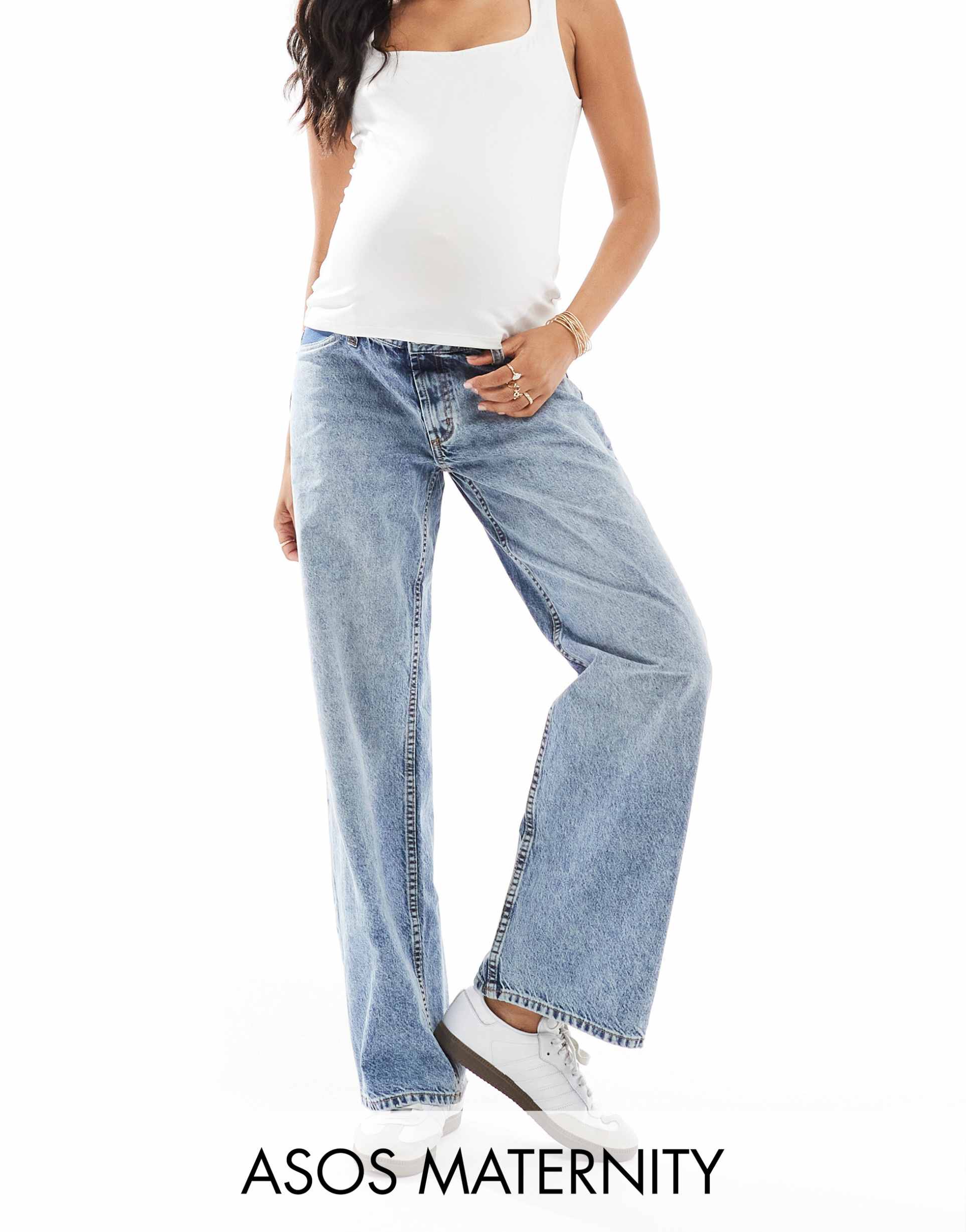 asos design maternity low rise baggy jeans in mid blue