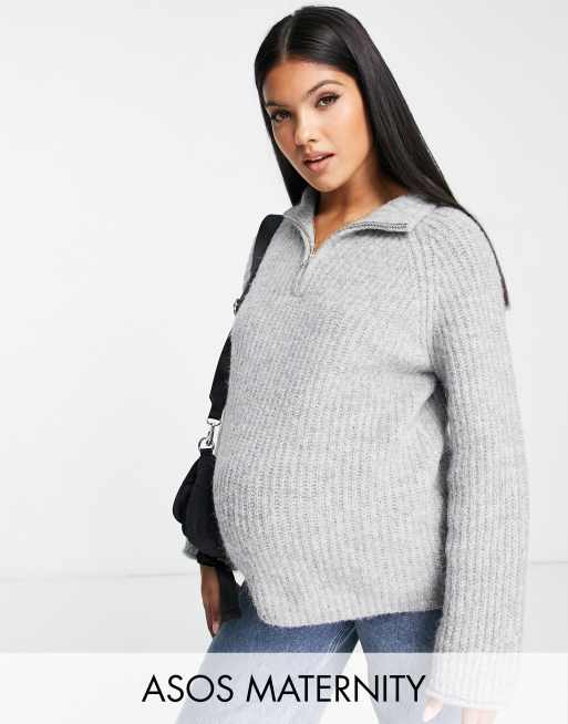 ASOS DESIGN Maternity - Maglione grigio mélange in filato peloso con zip sul colletto