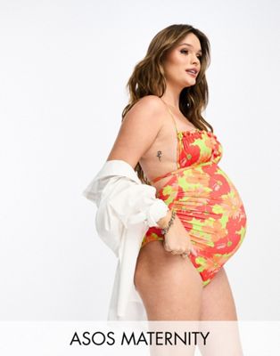 ASOS DESIGN Maternity ruched tie front swimsuit in bright retro floral print  - ASOS Price Checker