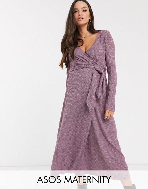 ASOS DESIGN Maternity long sleeve marl belted midi  wrap dress in purple