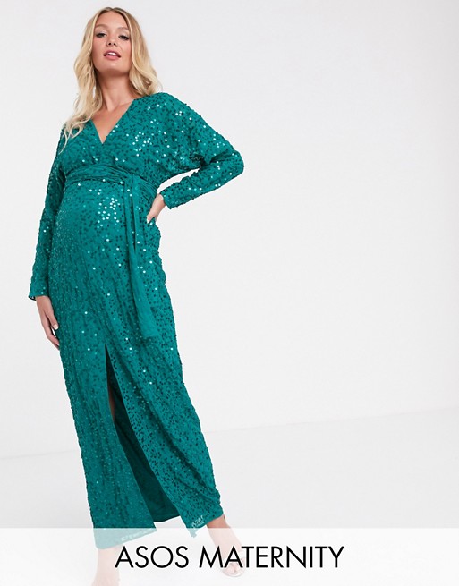 ASOS DESIGN Maternity maxi dress with batwing sleeve and wrap waist in scatter sequin