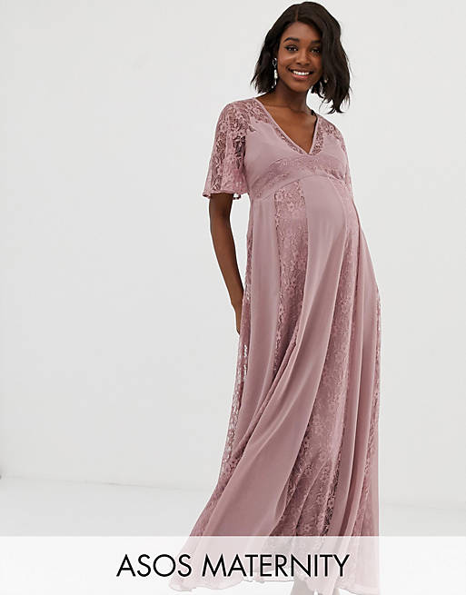ASOS DESIGN Maternity maxi dress with flutter sleeve and all over lace ...
