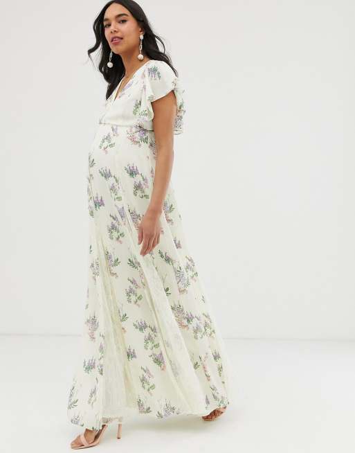 Asos Design Maternity Maxi Dress With Godet Lace Inserts In Ocassion Print Asos