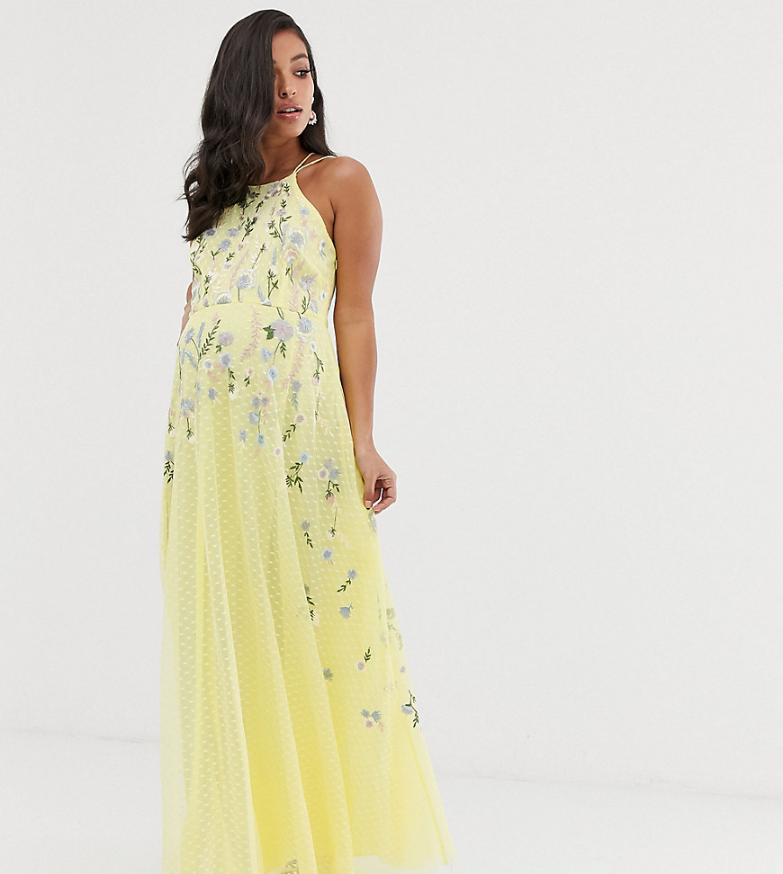 ASOS DESIGN Maternity maxi dress with pinny bodice in embroidered dobby-Yellow