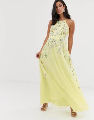 asos design maxi dress with pinny bodice in embroidered dobby