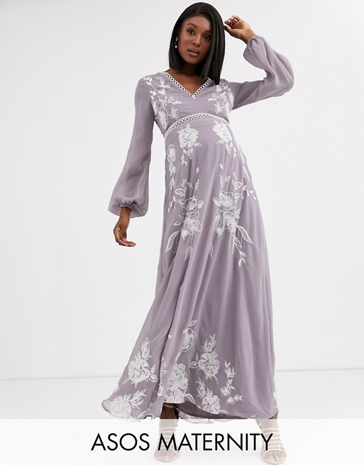 ASOS DESIGN Maternity maxi dress with split sleeve in ocassion embroidery and circle trim