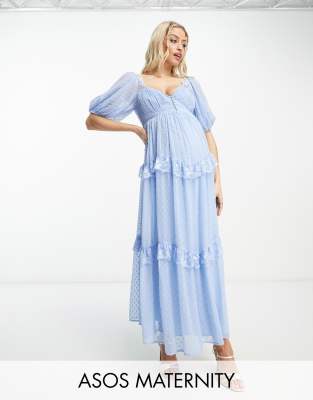 ASOS DESIGN Maternity - Maxi-Freizeitkleid in Hellblau mit leichter Noppenstruktur, Rückenausschnitt und Spitzeneinsatz