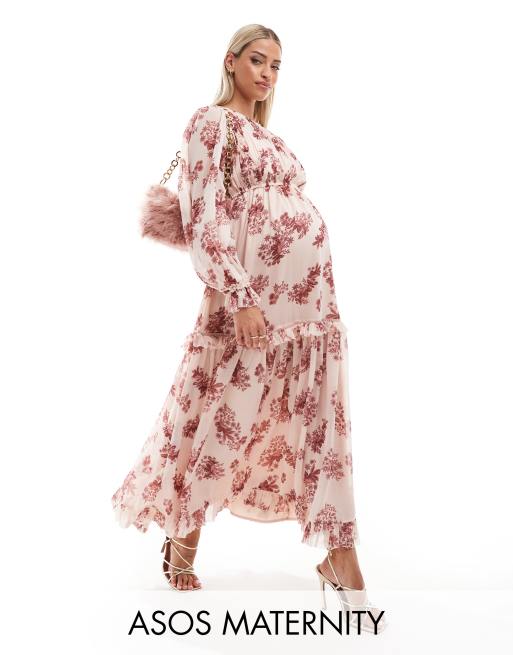 ASOS DESIGN Maternity - Maxi-jurk met ruches, gelaagde zoom en bloemenprint in roze