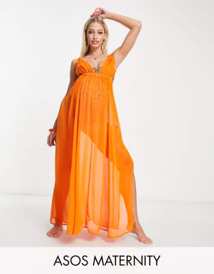 ASOS DESIGN Maternity - Maxi-Strandkleid in transparentem Orange mit tiefem Ausschnitt und Kordeldetail