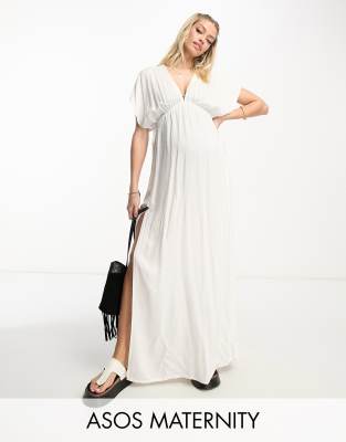 ASOS DESIGN Maternity - Maxi-Strandkleid in Weiß mit Flatterärmeln und Tunnelzug in der Taille