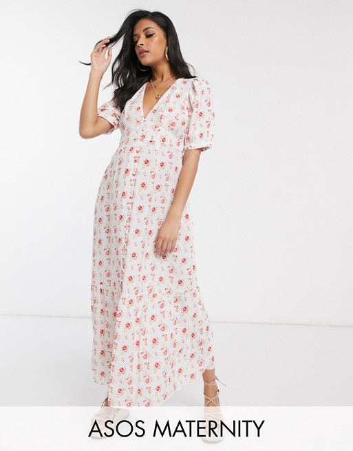 ASOS DESIGN Maternity maxi tea dress with button through in ditsy floral print
