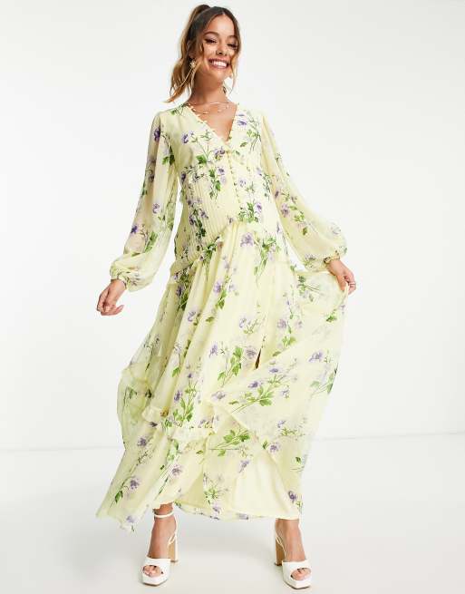 ASOS DESIGN Maternity - Maxikjole med knapper og pintuck i gul med blomstermønster, 3 af 4