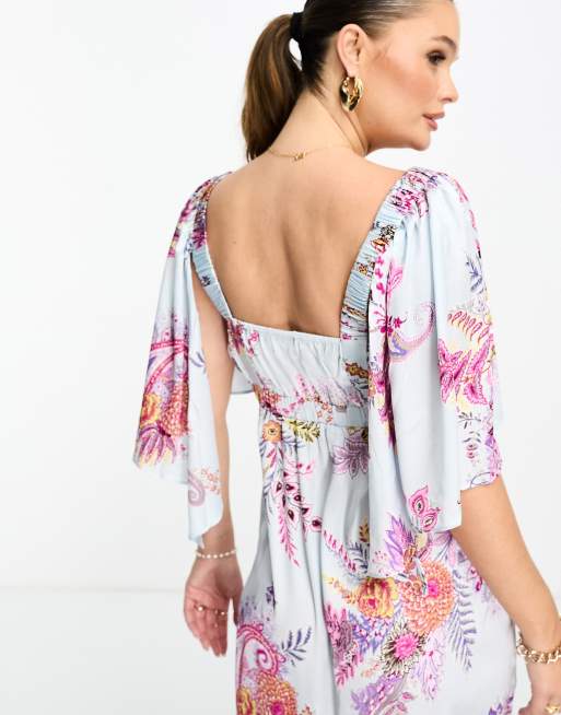 ASOS DESIGN Maternity - Maxikjole med V-hals, flagrende ærmer, lagdelt kant og paisley-print i satin , 2 af 4