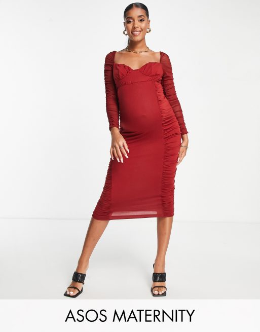 Asos Design Maternity Mesh Sleeve Ruched Midi Dress In Red Asos 