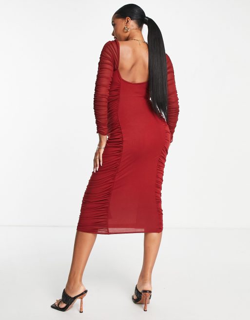 ASOS DESIGN Maternity mesh long sleeve ruched midi dress in red