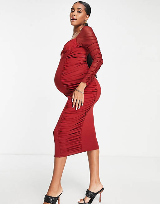 ASOS DESIGN Maternity mesh sleeve ruched midi dress in red