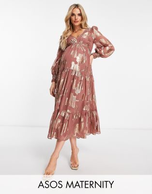 ASOS DESIGN Maternity metallic channel detail midi dress with puff sleeves and tie back detail in rust-Brown