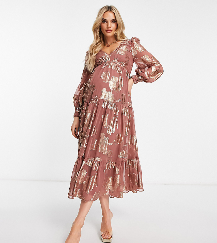 Asos Maternity Asos Design Maternity Metallic Channel Detail Midi Dress With Puff Sleeves And Tie Back Detail In Ru In Brown