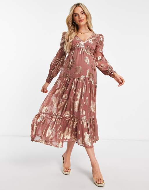 ASOS DESIGN Maternity metallic channel detail midi dress with puff sleeves  and tie back detail in rust | ASOS