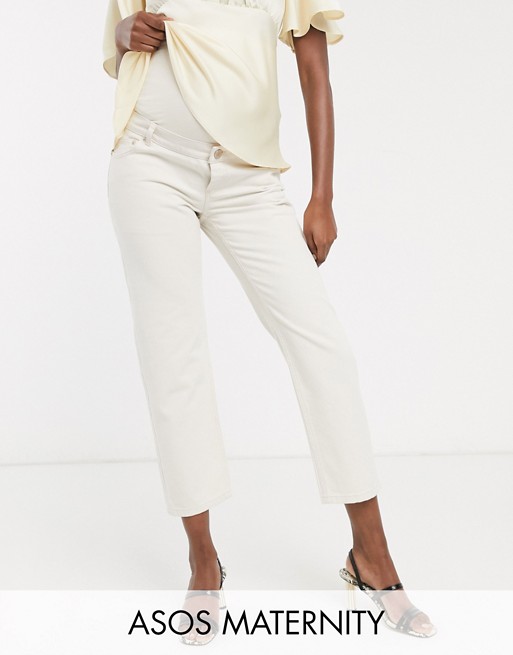 ASOS DESIGN Maternity mid rise 'off duty' straight leg jeans in ecru with over the bump band