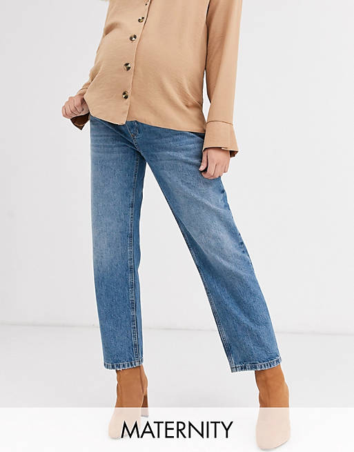 ASOS DESIGN Maternity mid rise 'off duty' straight leg jeans in mid vintage wash with over the bump band