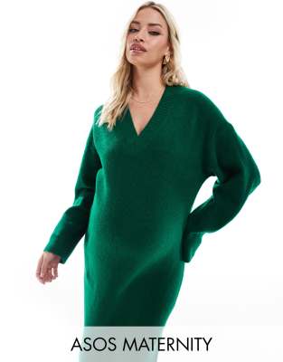 ASOS DESIGN Maternity - Midaxi-Strickkleid in Dunkelgrün mit V-Ausschnitt