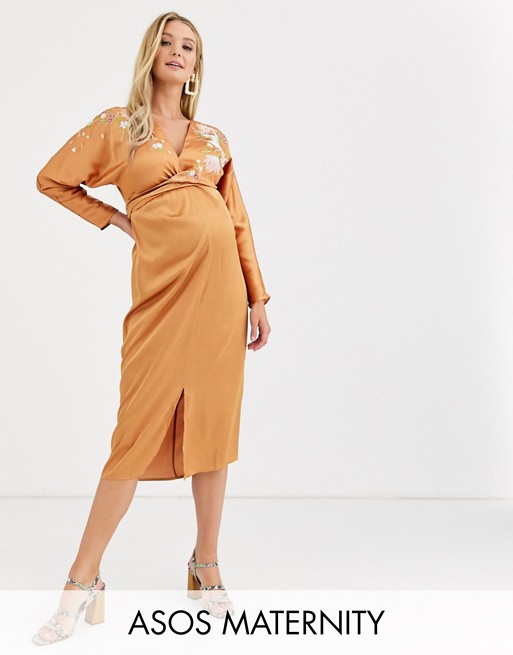 ASOS DESIGN Maternity midi batwing dress with blossom floral embroidery