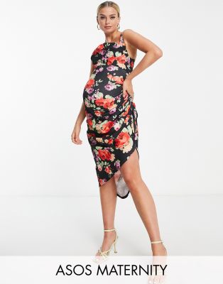 ASOS DESIGN Maternity - Midi-Bleistiftkleid mit Blumenmuster und Wasserfallausschnitt-Bunt