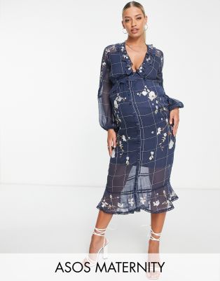 ASOS DESIGN Maternity midi dress in check print with pop floral embroidery and lace inserts-Blue