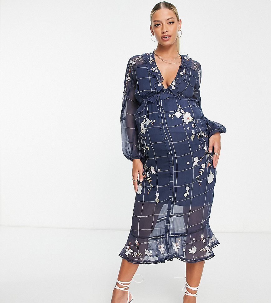 Asos Maternity Asos Design Maternity Midi Dress In Check Print With Pop Floral Embroidery And Lace Inserts-blue