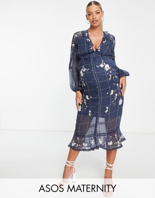 ASOS DESIGN Maternity midi dress in check print with pop floral embroidery  and lace inserts