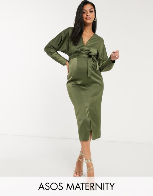 ASOS DESIGN Maternity midi dress with batwing sleeve and wrap waist in satin in khaki