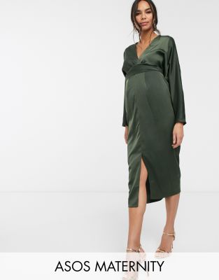 ASOS DESIGN Maternity midi dress with batwing sleeve and wrap waist in satin-Green