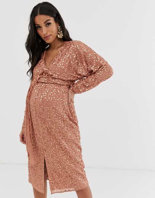 ASOS DESIGN Maternity midi dress with batwing sleeve and wrap waist in scatter sequin