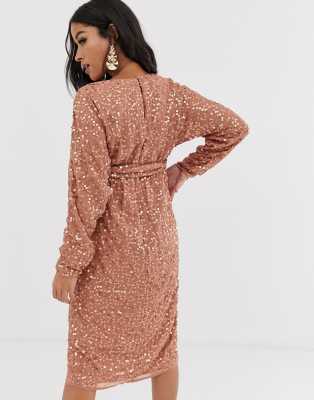 asos design midi dress with batwing sleeve and wrap waist in scatter sequin