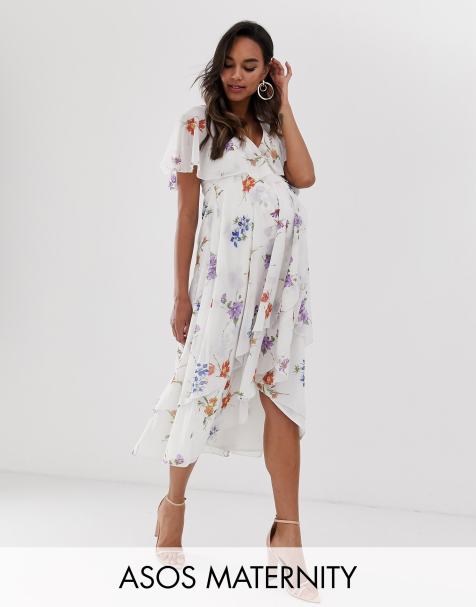 ASOS DESIGN Maternity midi dress with cape back and dipped hem in dainty floral
