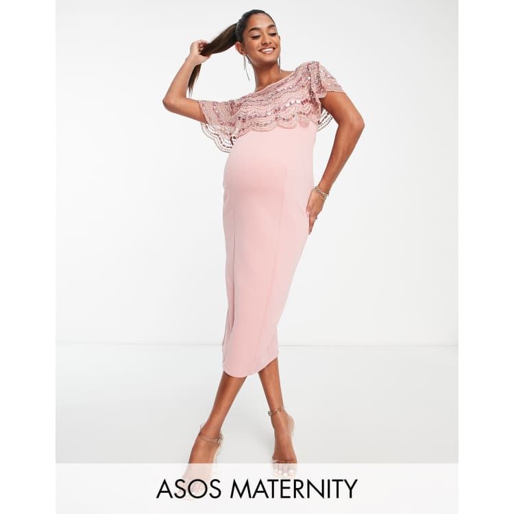 ASOS DESIGN Maternity wrap balloon sleeve mini dress with tie waist detail  in baby pink