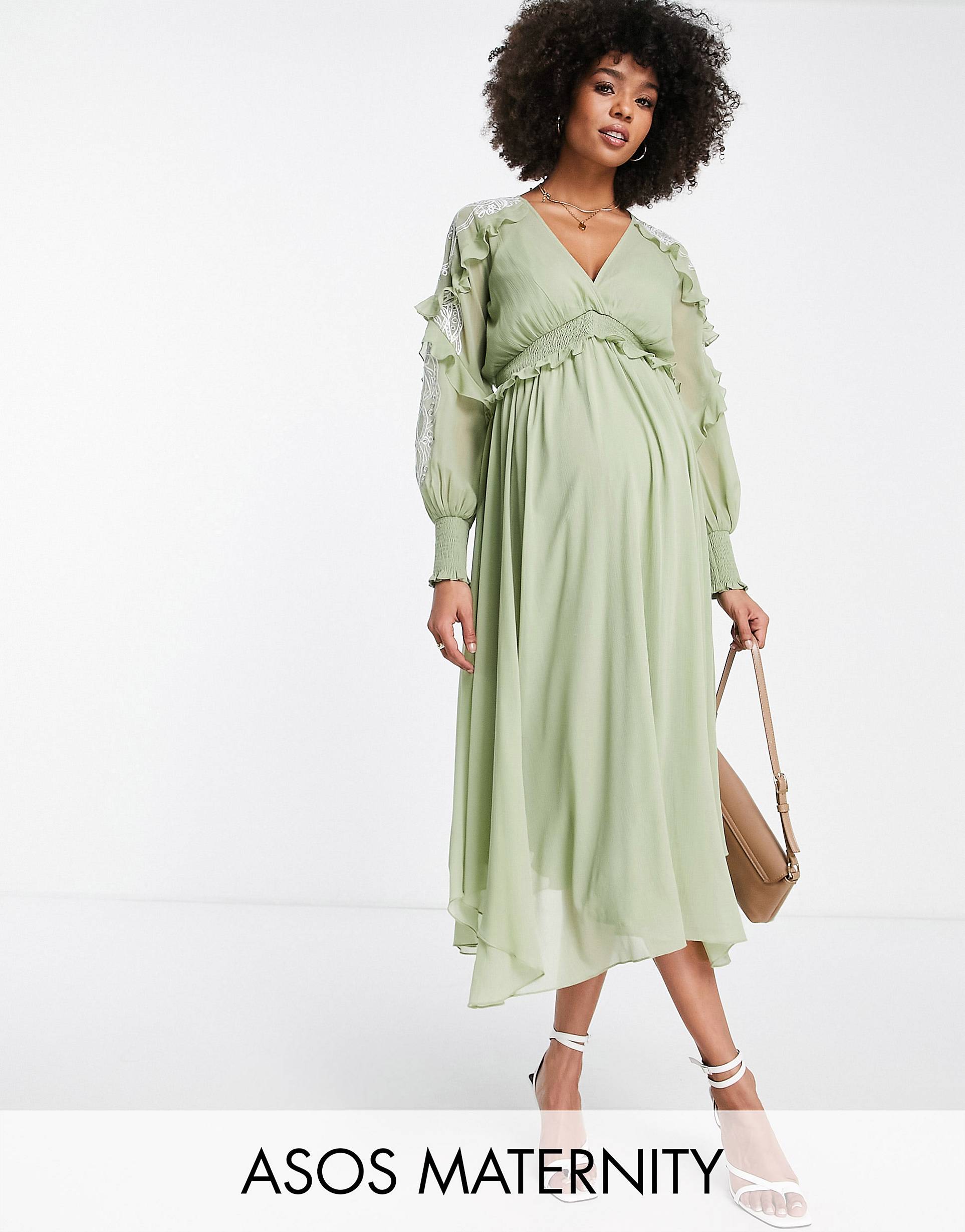 Шалфейно-зеленое платье миди с вышивкой и кружевной отделкой ASOS DESIGN Maternity-Зеленый цвет