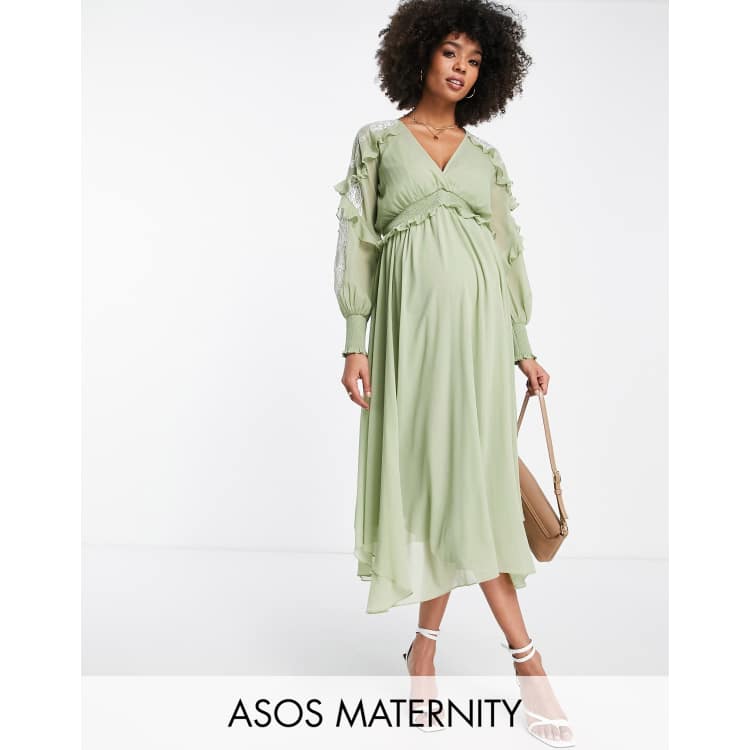 ASOS DESIGN Maternity broderie v neck midi dress with buttons in sage and  cream contrast