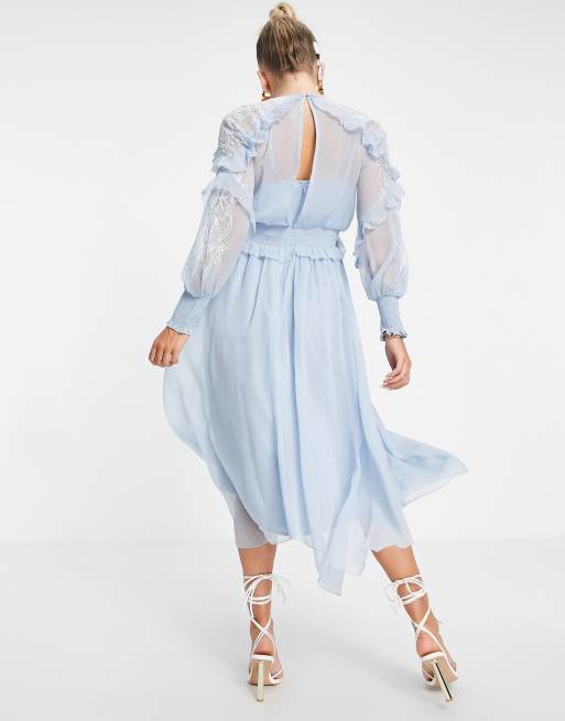 ASOS DESIGN Maternity embroidered satin midi dress with frill waist in pale  blue