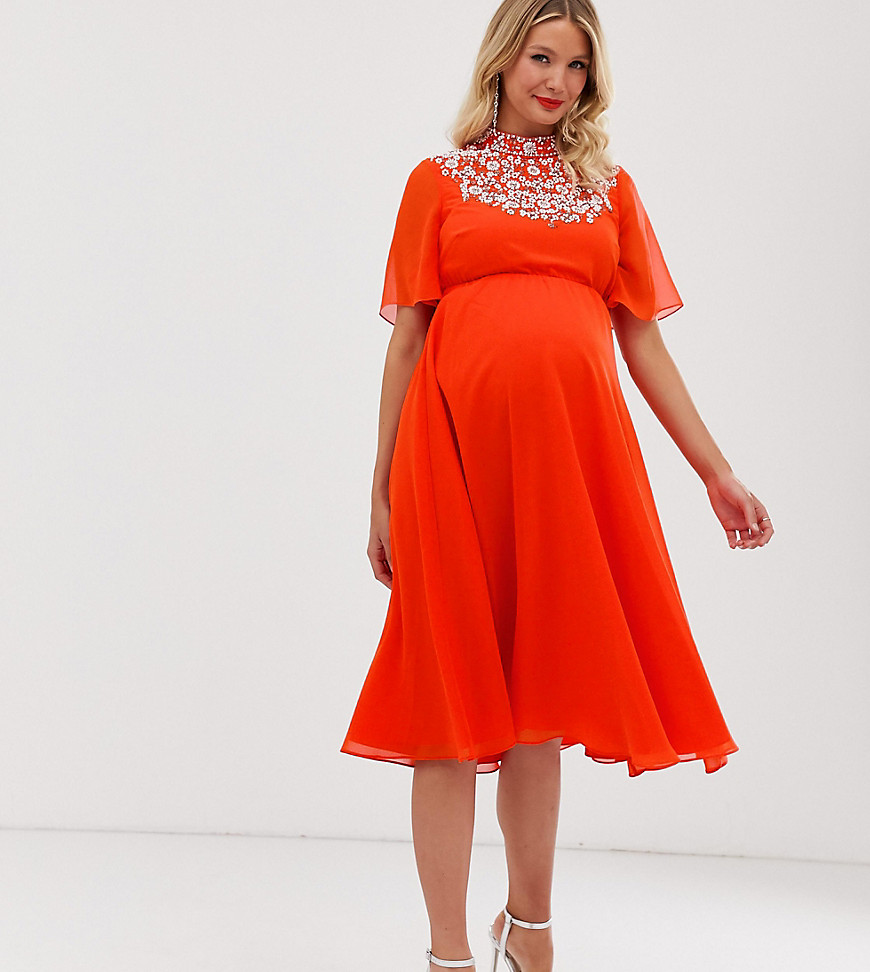 ASOS DESIGN Maternity midi dress with flutter cape and pretty pearl embellishment-Pink