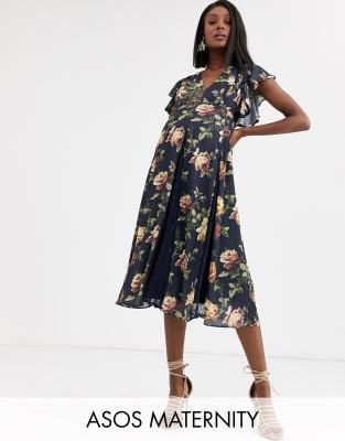 ASOS DESIGN Maternity midi dress with lace insert godets in navy floral-Multi