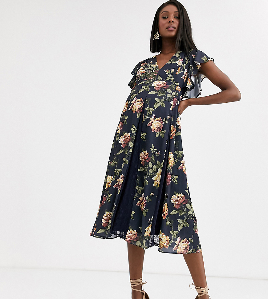 ASOS DESIGN Maternity midi dress with lace insert godets in navy floral-Multi