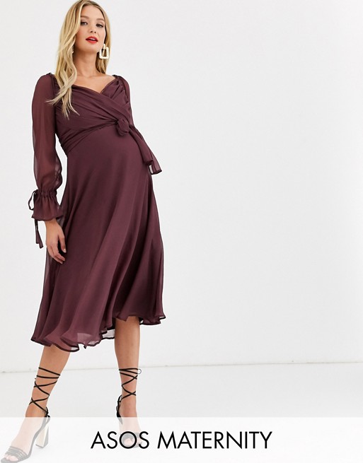 ASOS DESIGN Maternity midi dress with layered skirt and wrap waist with lace trim detail