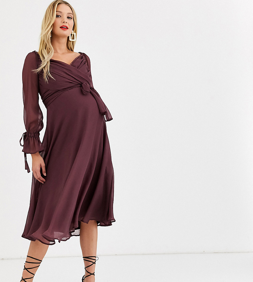 ASOS DESIGN Maternity midi dress with layered skirt and wrap waist with lace trim detail-Purple