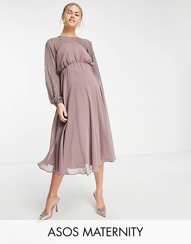 ASOS DESIGN Maternity midi dress with linear yoke embellishment in mauve