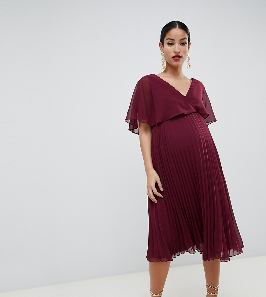 ASOS DESIGN Maternity midi dress with pleat skirt and flutter sleeve-Purple