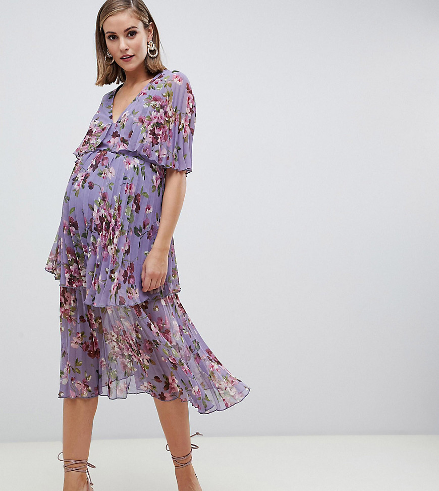 Asos Maternity Asos Design Maternity Midi Dress With Tiered Pleats In Lilac Floral-pink